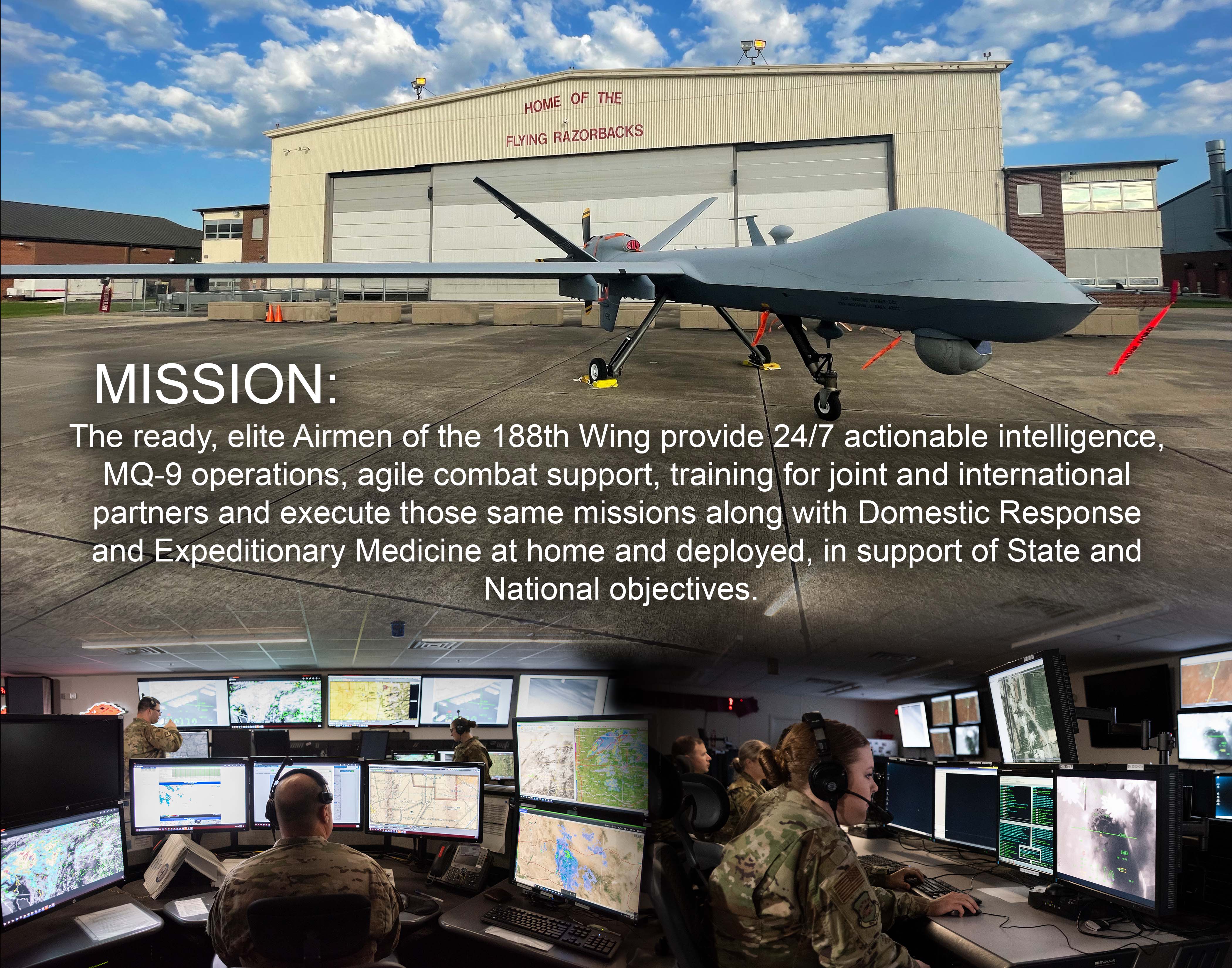 188th Wing Vision Poster with Airmen standing in portrait pose with the text "Empowering elite Airmen, passionate to serve, embracing a culture of Getting To Yes." in the center. 